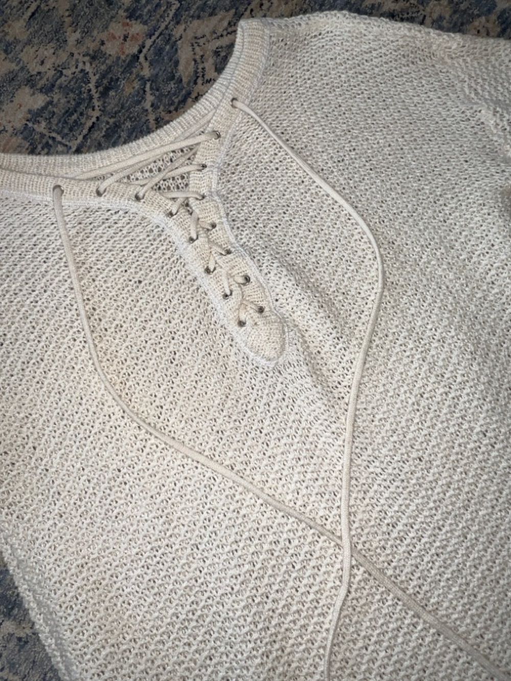 Lace-Up Open Knit Women's Sweater - Cream